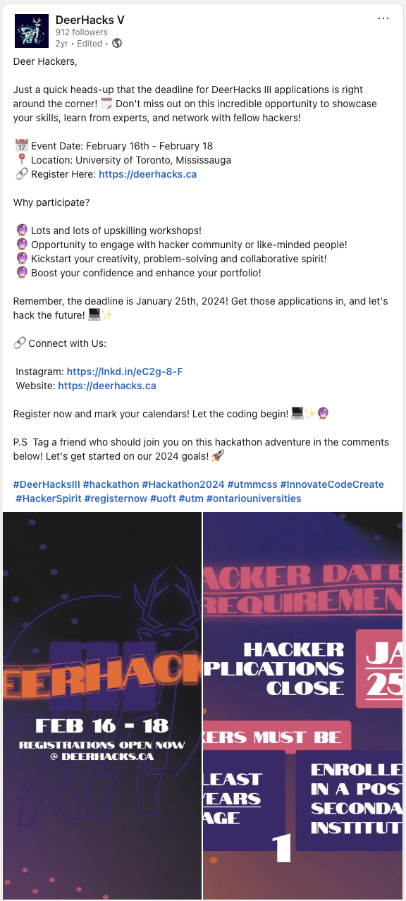 DeerHacks III LinkedIn post — registrations open