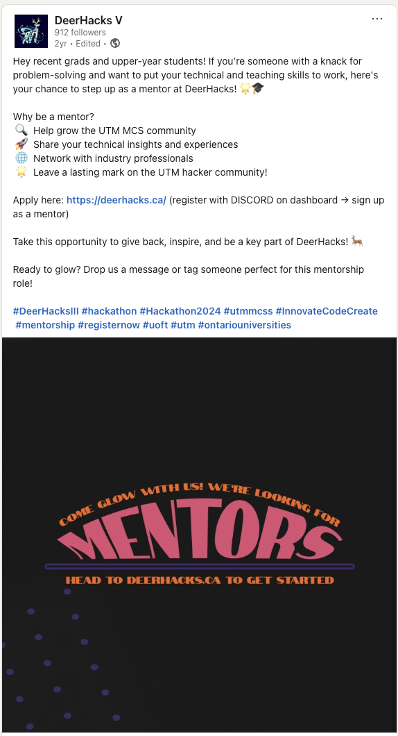 DeerHacks III LinkedIn post — mentor recruitment