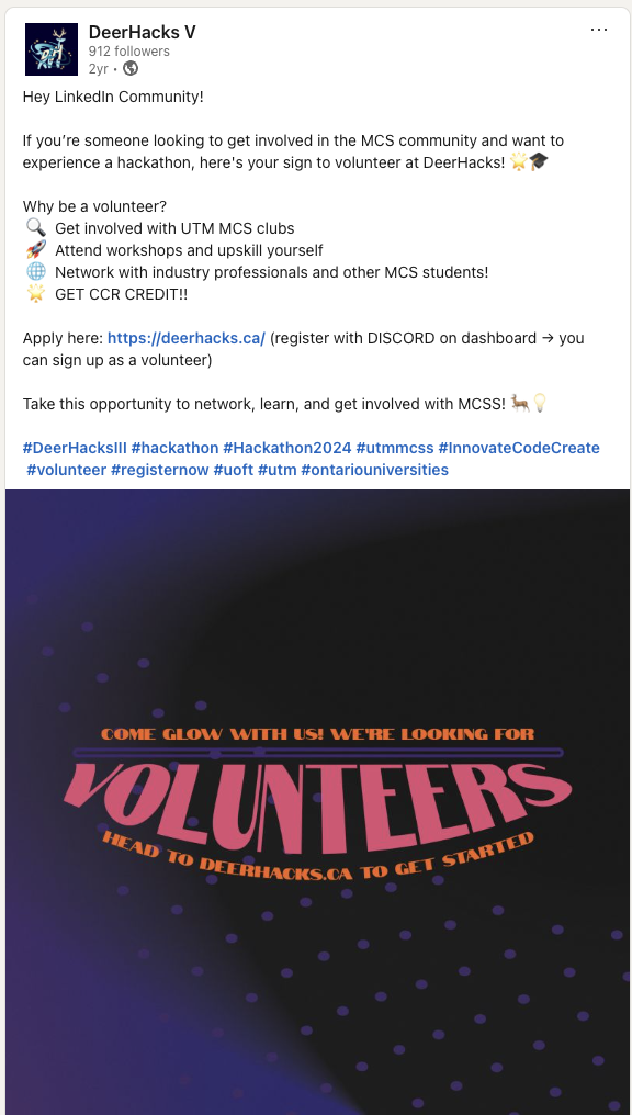 DeerHacks III LinkedIn post — volunteer recruitment